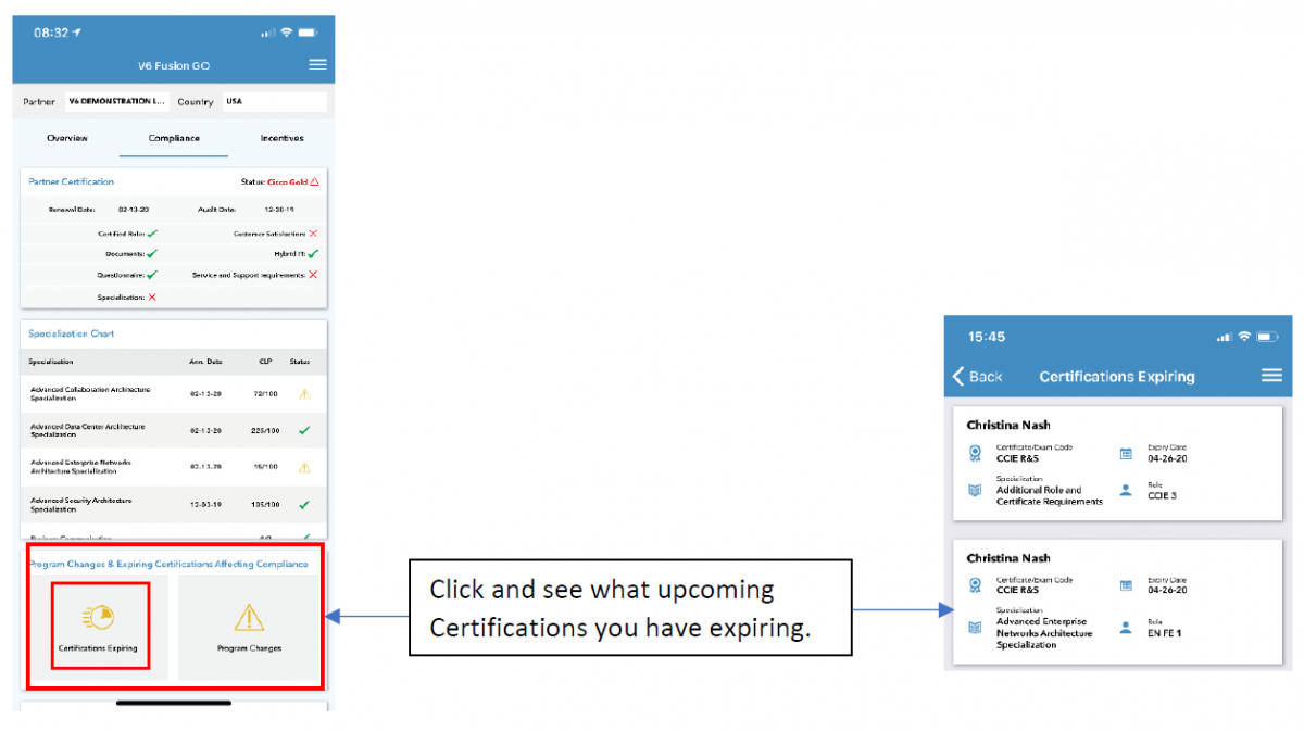 Click to see upcoming certifications Screen shot on V6 Fusion Go